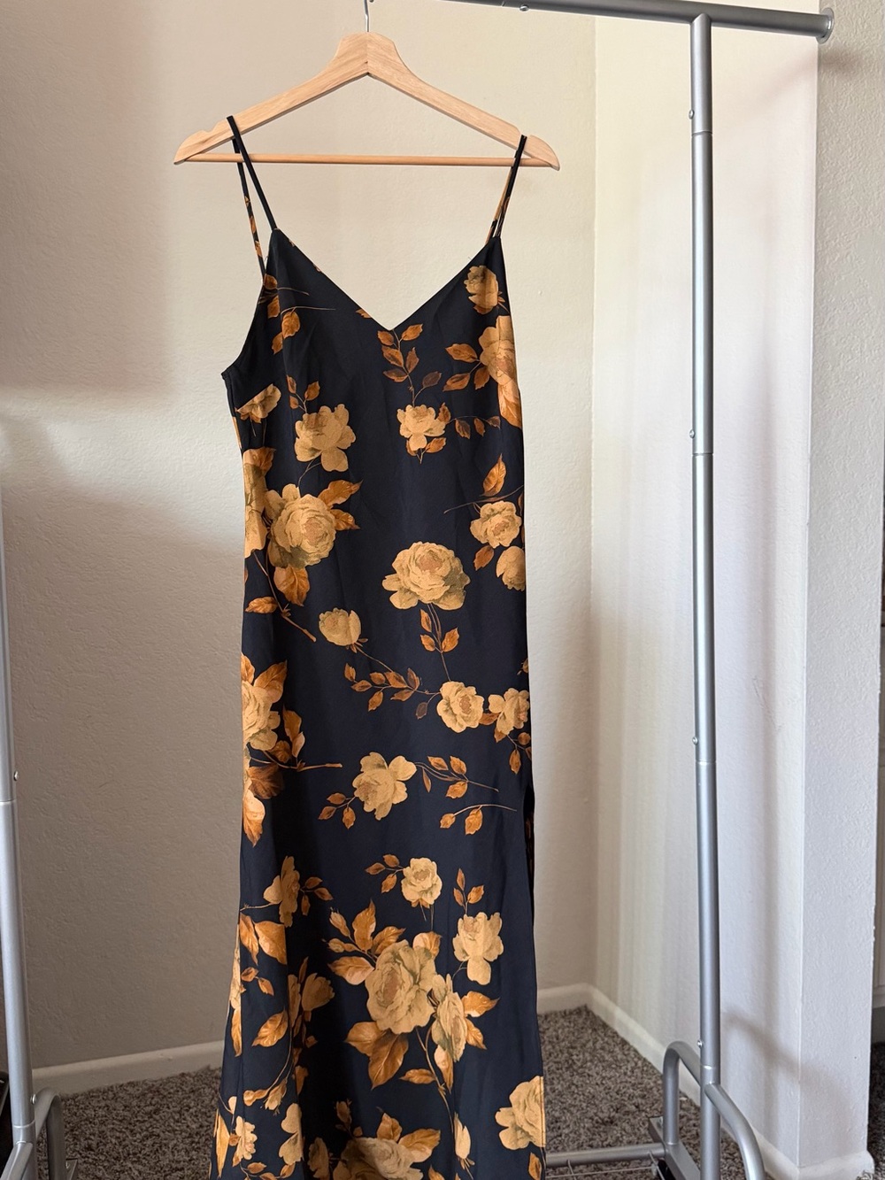 Audrey 3+1 Black Slip Midi Dress with Gold Floral Print